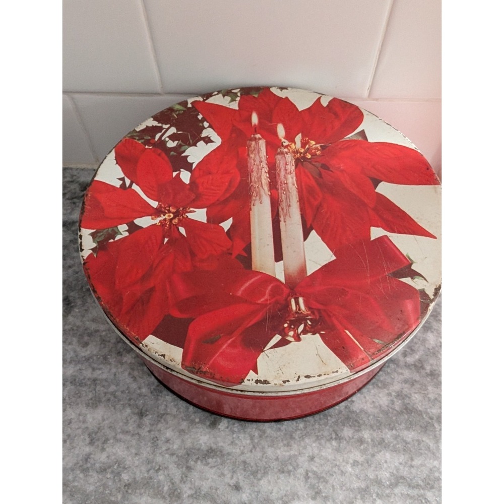 Vintage‎ Red Poinsettia Christmas Cookie Tin 8.5in